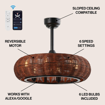 Cassidy 23" 6-Light Modern Bohemian 6-Speed Metal/Rattan Mobile-App/Remote-Controlled Height-Adjustable Lantern LED Ceiling Fan - JONATHAN Y